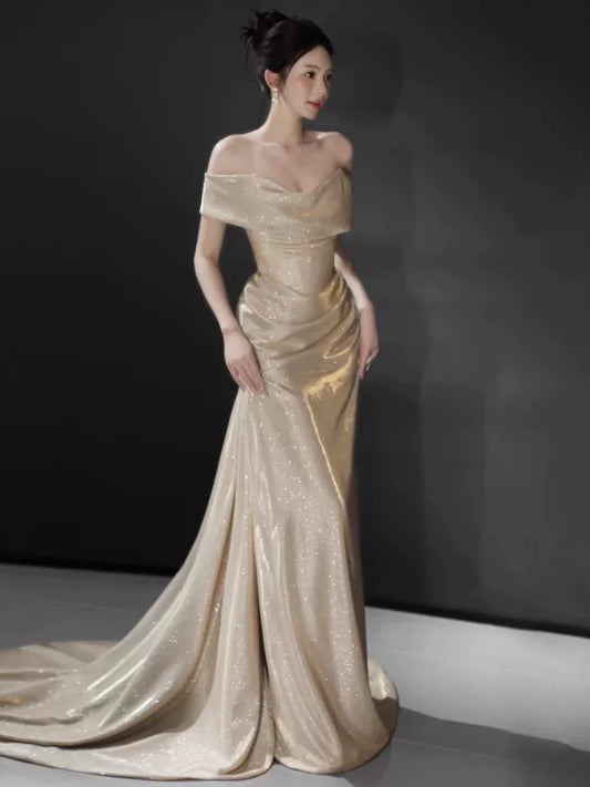 Sexy Meerjungfrauen-Abendkleid mit schulterfreiem, champagnerfarbenem Paillettenbesatz – perfekt für Abschlussball, Party, 16. Geburtstag oder Schulabschluss (AB2244)