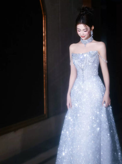 Robe de bal princesse bustier bleu à sequins, inspiration robe de soirée longue, tenue pour un 20e anniversaire AB2251