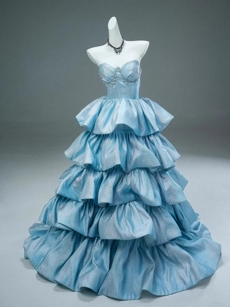 Prinzessinnen-Ballkleid mit herzförmigem Ausschnitt, blauem Stufenoberteil, Inspiration für lange Partykleider, Abendkleider zum 20. Geburtstag AB2250