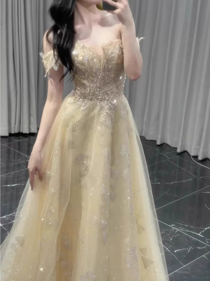 Robe de bal unique, coupe trapèze, épaules dénudées, manches courtes, dorée, inspiration robe de soirée, tenue pour un 20e anniversaire AB2255