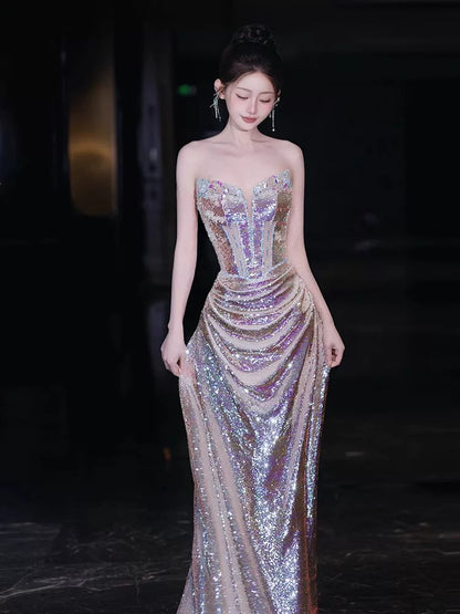 Robe de bal sirène sans bretelles à sequins et corsage perlé, inspiration robe de soirée longue, tenue pour un 20e anniversaire AB2249
