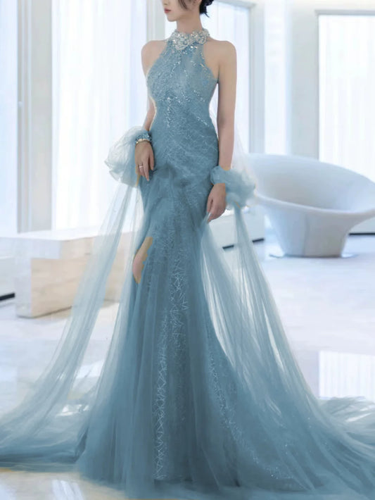 Robe de bal sirène modeste en tulle bleu à col montant et fente, inspiration robe de soirée longue pour un 19e anniversaire AB2277
