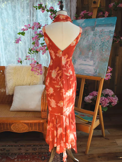 Vintage Meerjungfrauen-Chiffonkleid aus den 1950er Jahren mit V-Ausschnitt, floralem Muster und Schal – Inspiration für lange Party- und Abendkleider, Outfits zum 18. Geburtstag AB2378