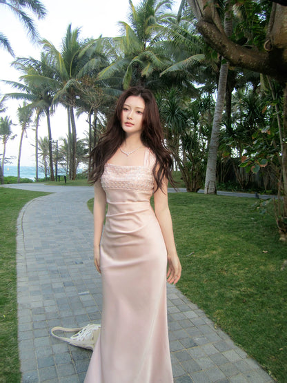 Robe de bal élégante sirène en satin rose, col carré, longueur cheville, idéale pour une soirée d'anniversaire ou un 16e anniversaire (AB2421)