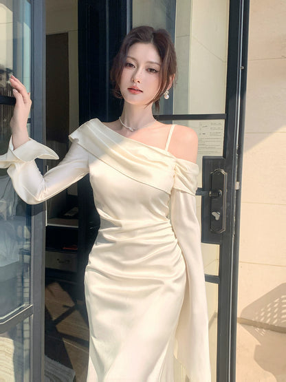 Robe de bal sirène élégante en satin soyeux blanc, épaules dénudées, longueur cheville, tenue pour une soirée d'anniversaire ou un 16e anniversaire AB2430