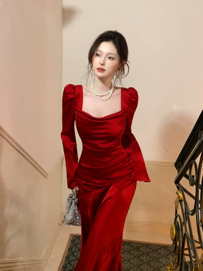 Robe de bal sirène modeste, col carré, manches longues, en satin rouge, idéale pour un mariage ou un anniversaire (AB2445)