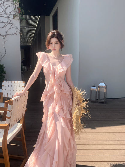 Robe de bal longue en mousseline rose corail, coupe trapèze, col en V, style simple, idéale pour un 16e anniversaire (AB2412)
