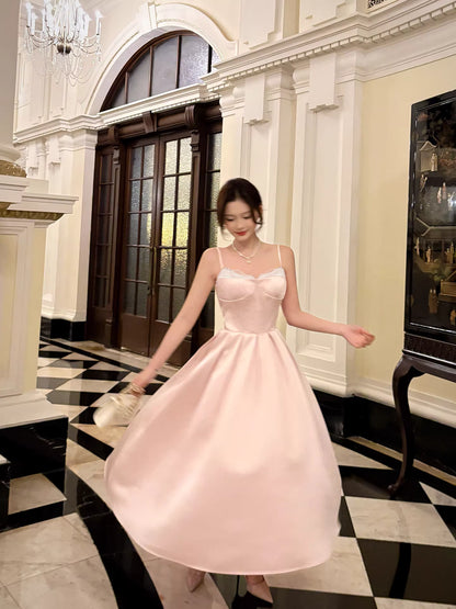 Elegantes, knöchellanges A-Linien-Abendkleid aus rosa Satin mit Spaghettiträgern – perfekt für den 17. Geburtstag oder andere festliche Anlässe (AB2497)