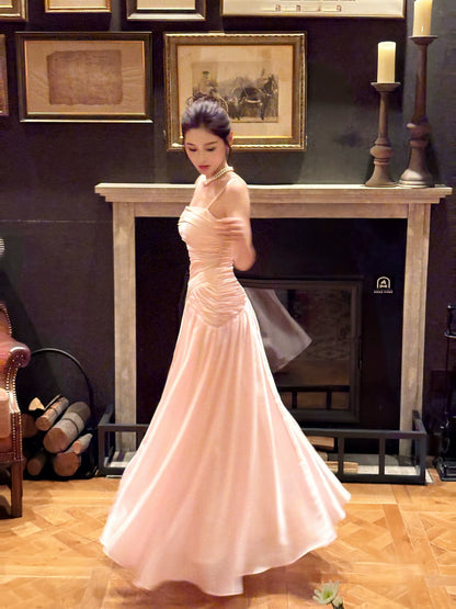 Elegantes, langes, plissiertes Meerjungfrauen-Abendkleid aus rosa Satin mit Spaghettiträgern – Ästhetisches langes Kleid für Abschlussball, Geburtstag und Feiertage (N083)