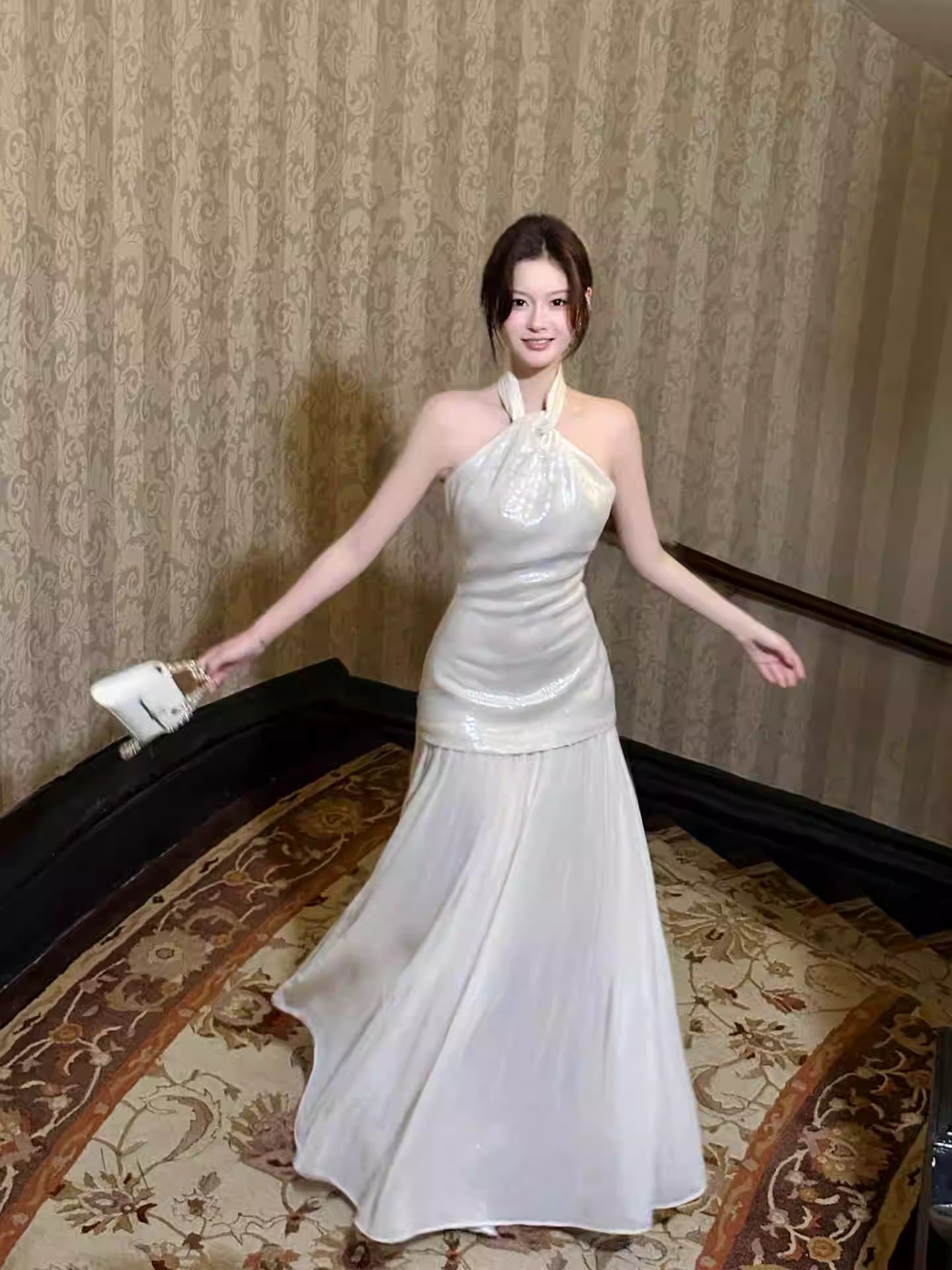 Elegantes Meerjungfrauen-Halterkleid in Elfenbein, knöchellang, für Abschlussball, 17. Geburtstag, Party, AB2484
