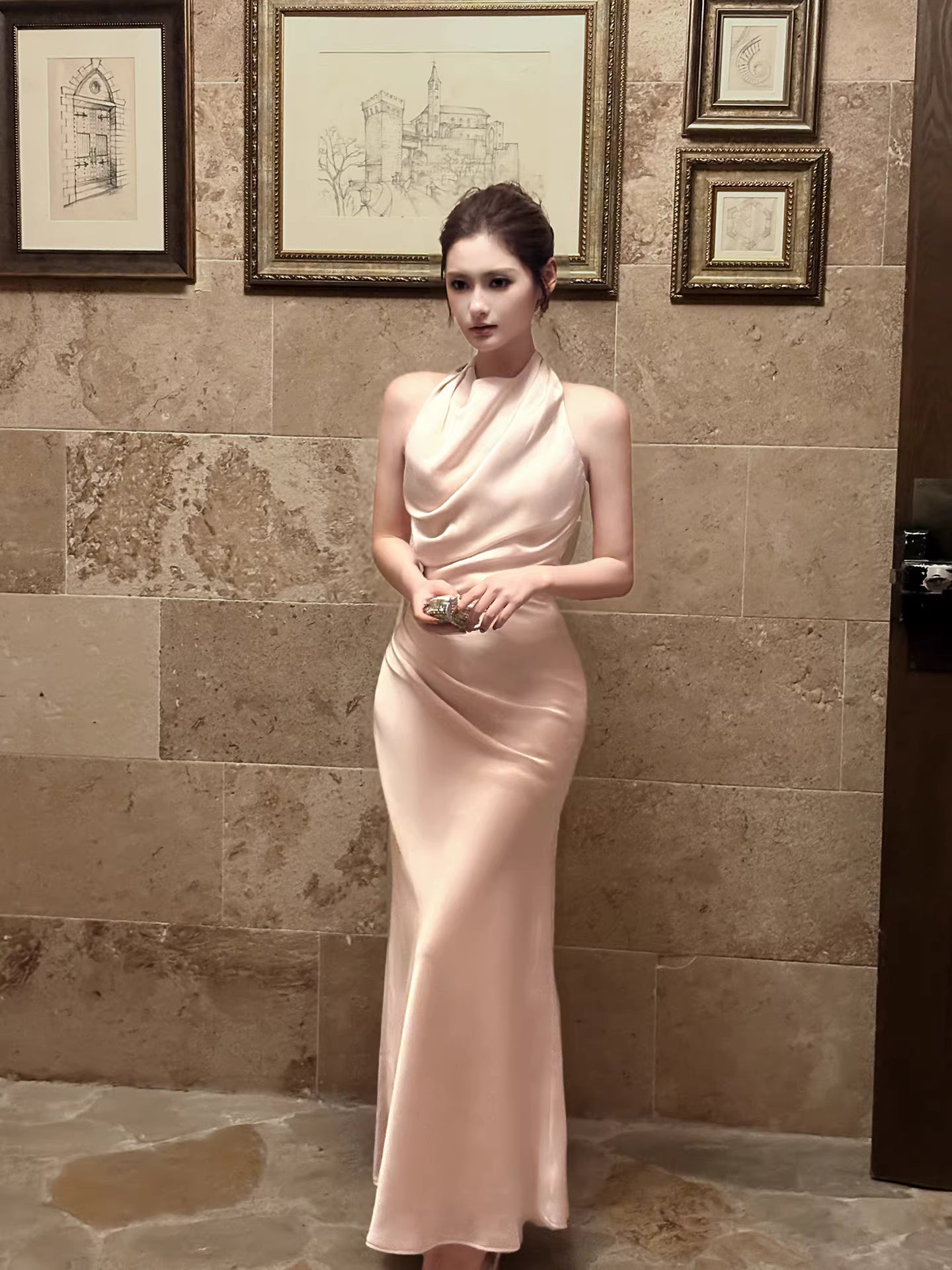 Elegantes Meerjungfrauen-Neckholderkleid in Rosa, knöchellang, ideal für Abschlussball, 17. Geburtstag oder Party (AB2486)