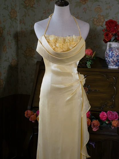 Robe de bal longue vintage années 90, coupe trapèze, col halter fleuri, inspiration robe de soirée rétro tenue d'anniversaire 21 ans AB2375