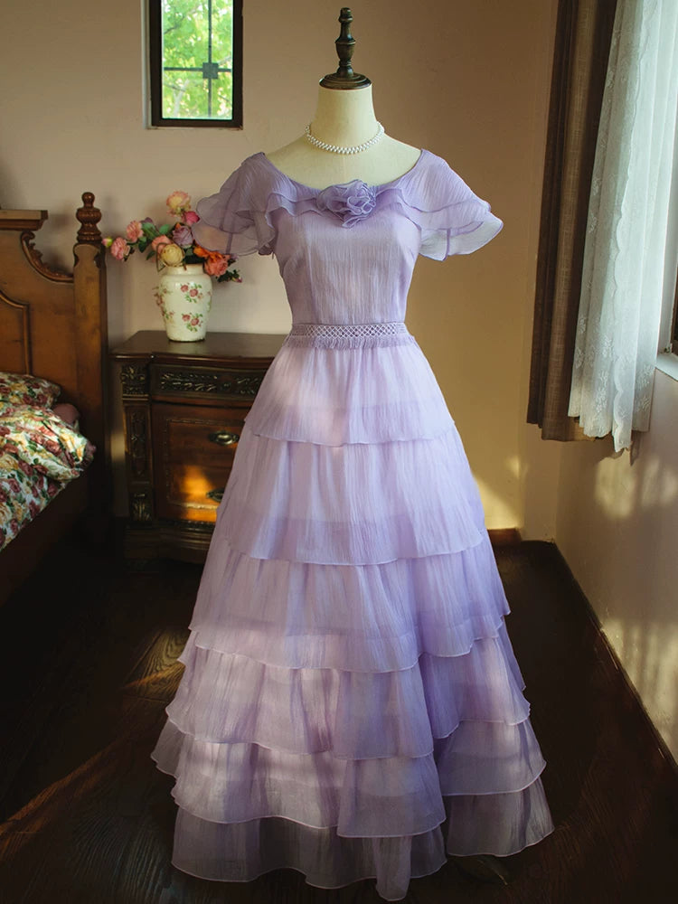 Vintage A-Linien-Abendkleid in Flieder mit U-Boot-Ausschnitt und Falten – Inspiriert von langen Partykleidern und Abendkleidern zum 18. Geburtstag AB2366