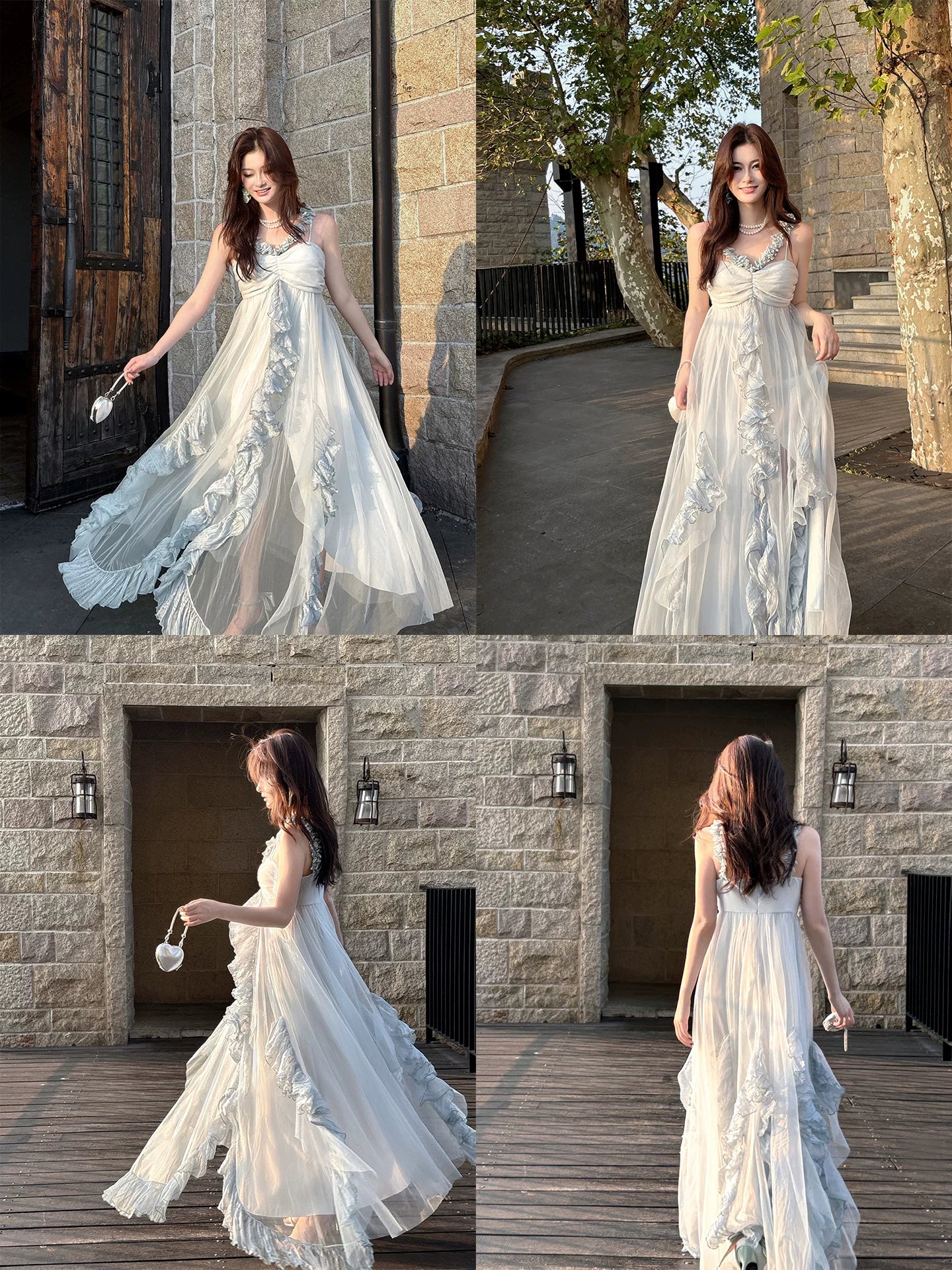 Robe de bal mi-longue en mousseline bleu ciel clair, coupe trapèze, dos nu, style modeste, idéale pour une soirée d'anniversaire ou un 16e anniversaire (AB2417)