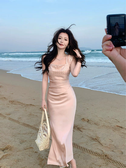 Robe de bal élégante sirène en satin rose, col carré, longueur cheville, idéale pour une soirée d'anniversaire ou un 16e anniversaire (AB2421)