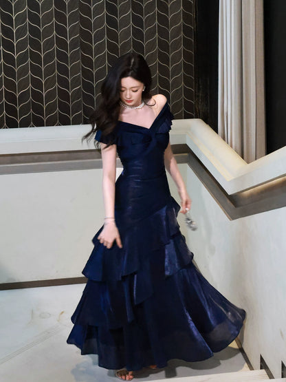 Elegantes, schulterfreies, marineblaues langes Meerjungfrauen-Abendkleid – perfekt für den 16. Geburtstag oder andere festliche Anlässe (AB2456)