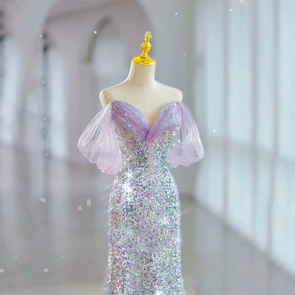 Elegantes, schulterfreies Meerjungfrauen-Abendkleid mit Pailletten in Flieder – Inspiration für lange Partys und den 19. Geburtstag AB2319