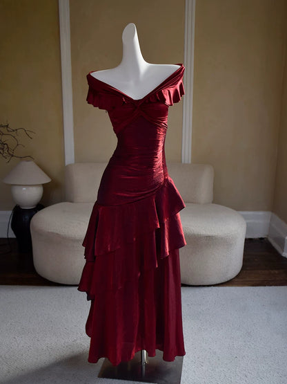 Vintage Meerjungfrauen-Abendkleid aus den 1960er Jahren, schulterfrei, burgunderrot, Inspiration für lange Partys, Retro-Abendkleider, Outfits zum 20. Geburtstag AB2355