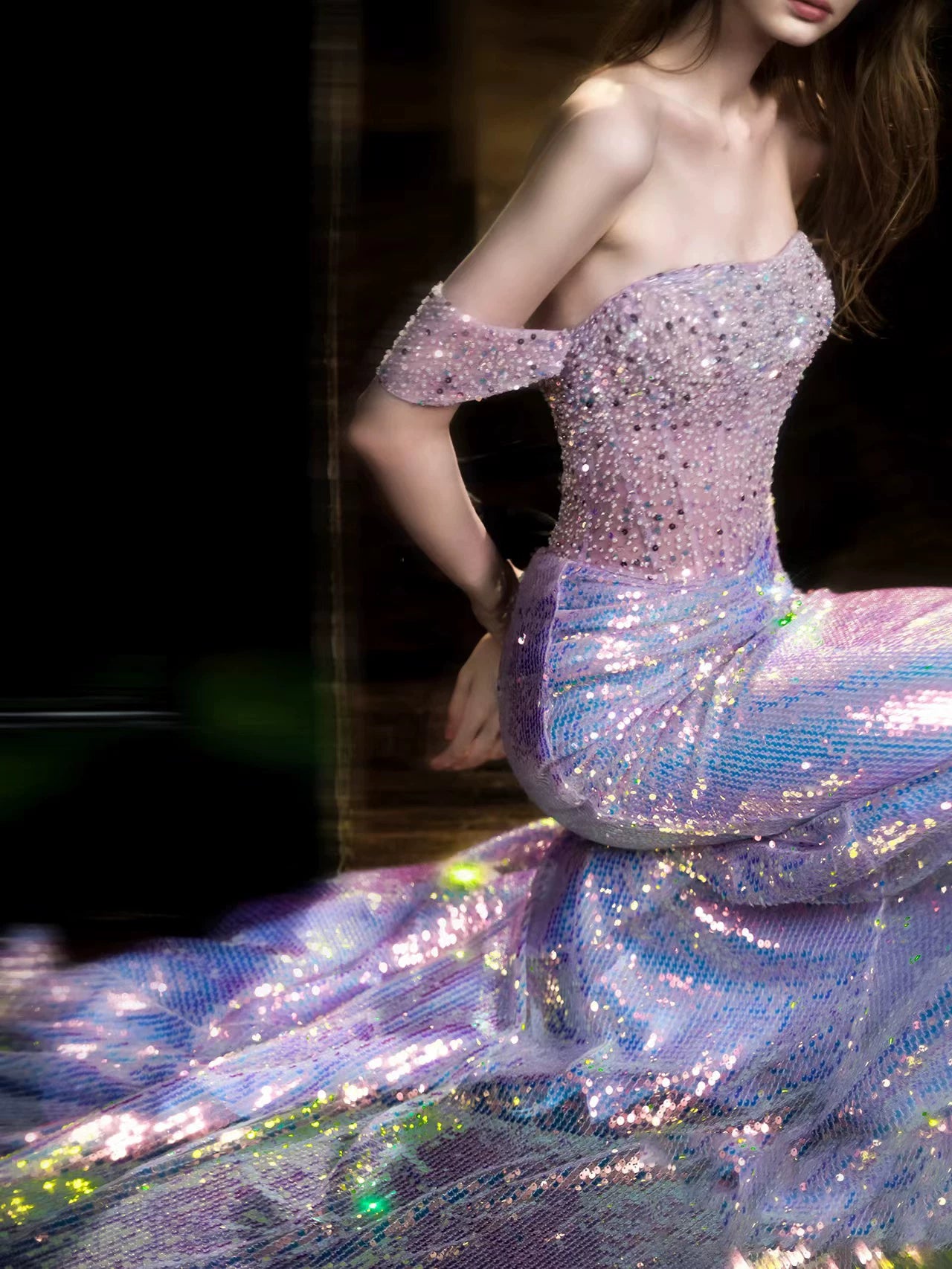 Robe de bal sirène élégante à épaules dénudées, sequins lilas, inspiration robe de soirée longue pour un 19e anniversaire AB2305