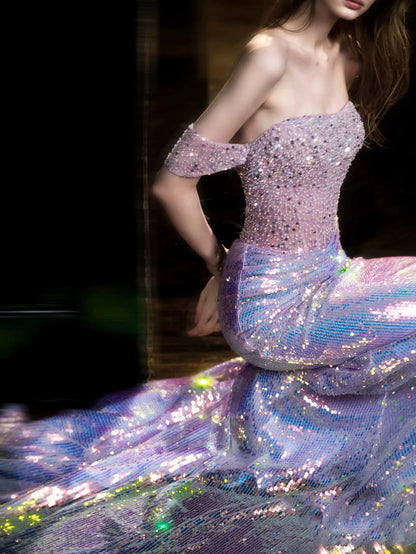 Robe de bal sirène élégante à épaules dénudées, sequins lilas, inspiration robe de soirée longue pour un 19e anniversaire AB2305