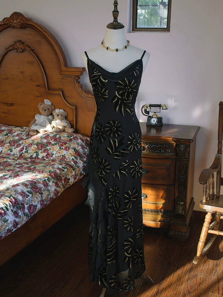 Vintage Meerjungfrauen-Abendkleid aus schwarzem Chiffon aus den 1960er Jahren – Inspiration für lange Partykleider und Outfits zum 18. Geburtstag AB2387