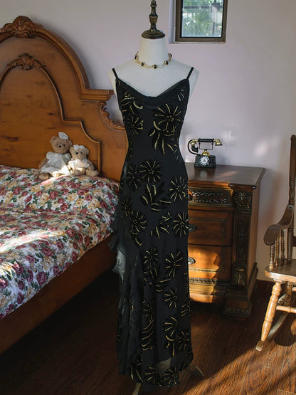 Vintage Meerjungfrauen-Abendkleid aus schwarzem Chiffon aus den 1960er Jahren – Inspiration für lange Partykleider und Outfits zum 18. Geburtstag AB2387