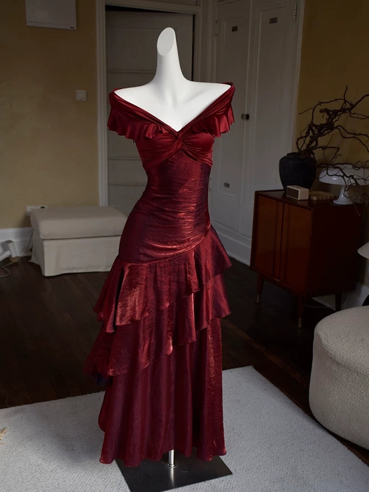 Vintage Meerjungfrauen-Abendkleid aus den 1960er Jahren, schulterfrei, burgunderrot, Inspiration für lange Partys, Retro-Abendkleider, Outfits zum 20. Geburtstag AB2355
