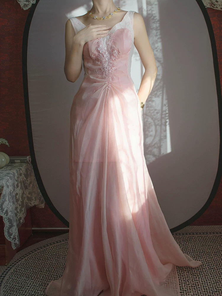 Vintage Meerjungfrauenkleid aus den 1960er Jahren, rosa mit Rüschen und Spitze, Inspiration für lange Party-Abendkleider, Outfits zum 18. Geburtstag AB2379