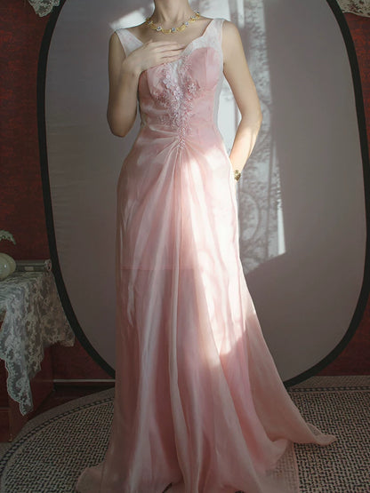 Vintage Meerjungfrauenkleid aus den 1960er Jahren, rosa mit Rüschen und Spitze, Inspiration für lange Party-Abendkleider, Outfits zum 18. Geburtstag AB2379
