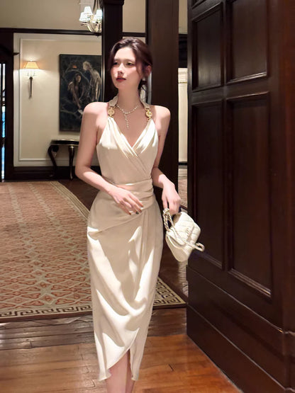 Modest Sheath Halter Ivory Satin Evening Dresses Wedding Guest Dress Nigh Dance 20th Birthday Outfits AB2500