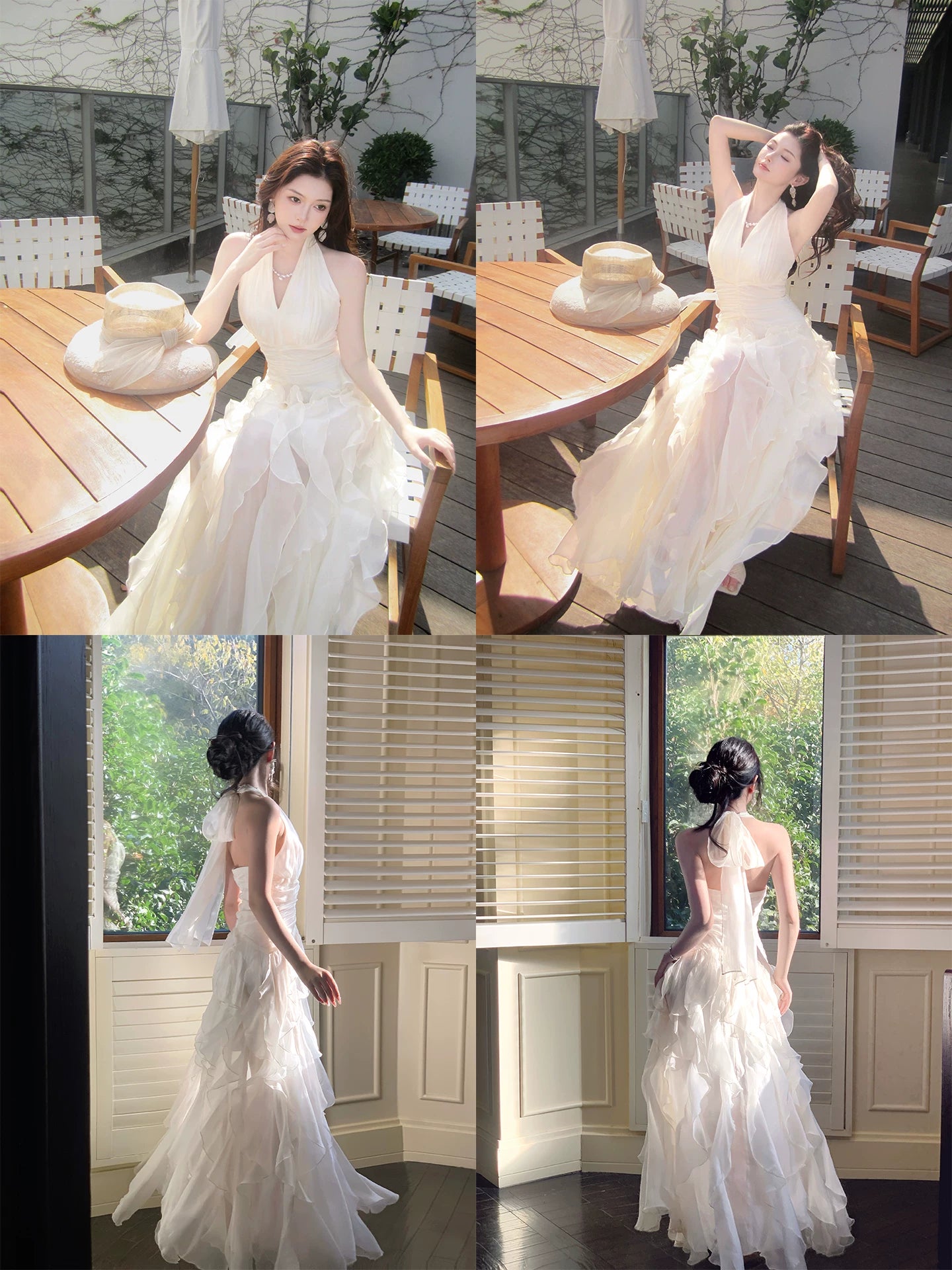 Robe de bal blanche en mousseline à volants, coupe trapèze, dos nu, longueur au sol, style modeste, idéale pour une soirée d'anniversaire ou un 18e anniversaire (AB2419)