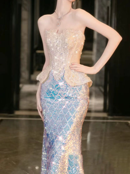 Robe de bal sirène bustier à sequins champagne, inspiration robe de soirée longue, tenue pour un 21e anniversaire AB2291