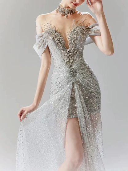Vintage silbergraues Meerjungfrauen-Abendkleid, schulterfrei, perlenbesetzt, langes Partykleid, Geburtstagsoutfit AB2314