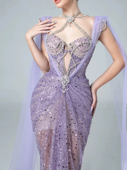 Glitzerndes Meerjungfrauen-Abendkleid, Neckholder, lila Pailletten, langes Ballkleid, Partykleid, Outfit zum 21. Geburtstag AB2317