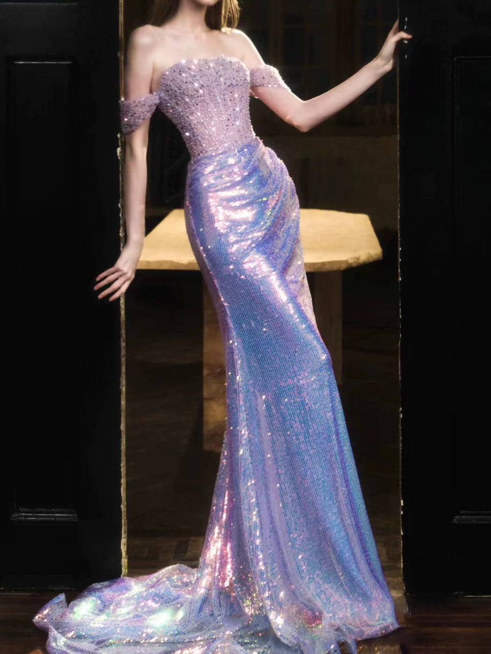 Robe de bal sirène élégante à épaules dénudées, sequins lilas, inspiration robe de soirée longue pour un 19e anniversaire AB2305