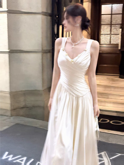 Modest A line Straps Ivory Satin Long Evening Dresses Wedding Guest Dress 20th Birthday Outfits AB2496