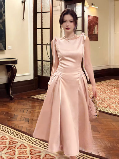 Einfaches, knöchellanges, rosa Satin-Abendkleid in A-Linie mit Rundhalsausschnitt – perfekt für den 17. Geburtstag oder andere festliche Anlässe (AB2498)