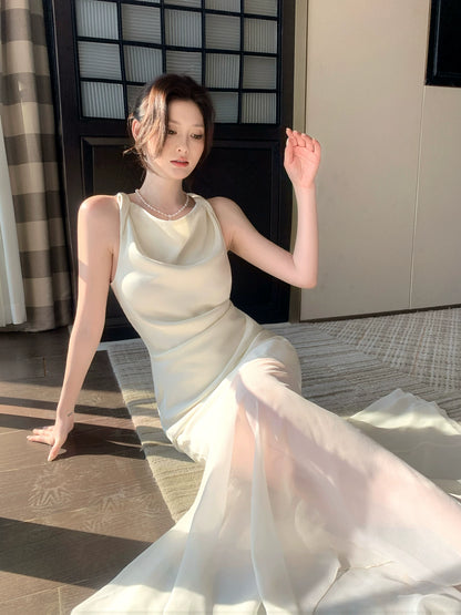 Robe de bal longue en satin satiné, col bénitier sirène, longueur cheville, idéale pour une soirée d'anniversaire ou un événement festif (AB2414)