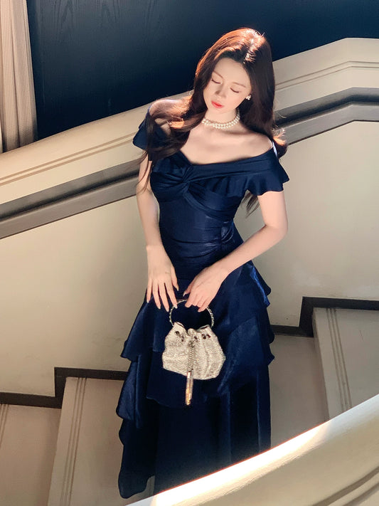 Elegant Mermaid Off The Shoulder Navy Blue Long Prom Dresses 16th Nigh Party Birthday Outfits AB2456