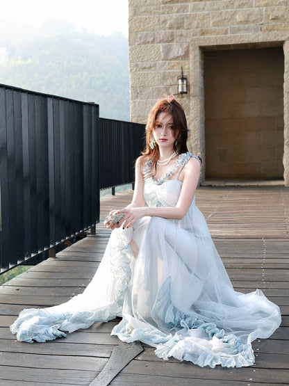 Robe de bal mi-longue en mousseline bleu ciel clair, coupe trapèze, dos nu, style modeste, idéale pour une soirée d'anniversaire ou un 16e anniversaire (AB2417)