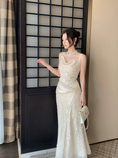 Elegantes Meerjungfrauen-Abendkleid mit Spaghettiträgern, Spitze und Chiffon, knöchellang, perfekt für Abschlussball, 16. Geburtstag oder Party (AB2420)