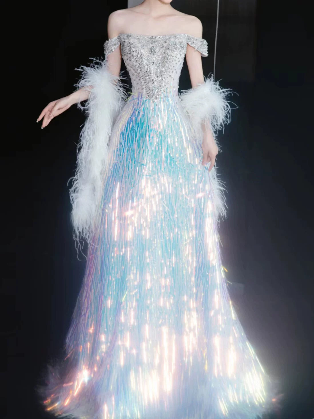 Robe de bal pailletée à épaules dénudées, sequins bleus, inspiration robe de soirée longue pour un 20e anniversaire AB2339
