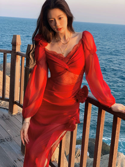 Robe de bal sirène modeste en satin rouge à manches longues et décolleté cœur, idéale pour un mariage ou un anniversaire de 16 ans (AB2447)
