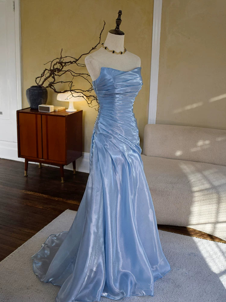 Robe de bal longue bleue sirène vintage sans bretelles avec plis, inspiration robe de soirée, tenue pour un 18e anniversaire AB2369