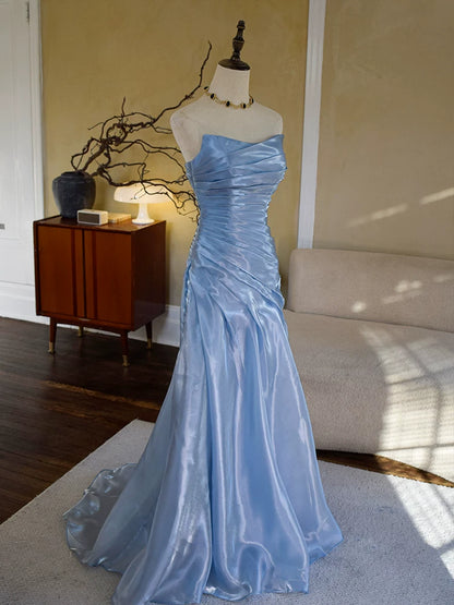Robe de bal longue bleue sirène vintage sans bretelles avec plis, inspiration robe de soirée, tenue pour un 18e anniversaire AB2369