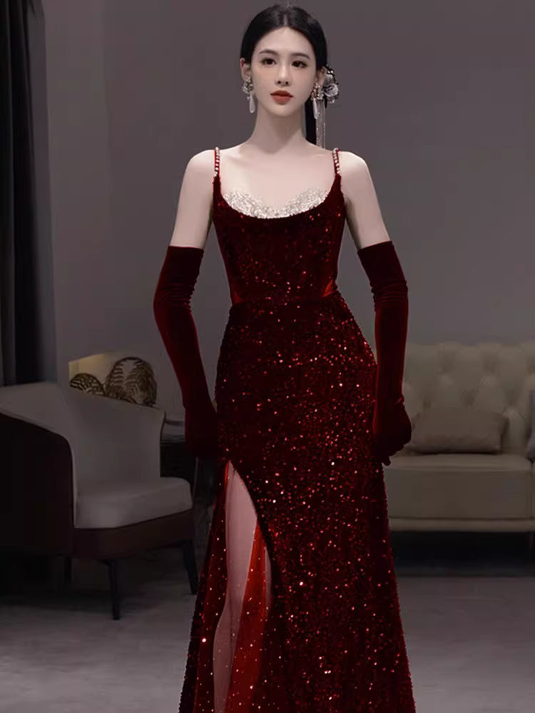 Glamouröses Meerjungfrauen-Abendkleid mit Spaghettiträgern, burgunderrot, Pailletten, langes Kleid, Partykleid zum 20. Geburtstag, Ballkleid AB2245