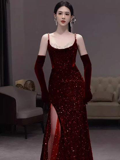 Glamouröses Meerjungfrauen-Abendkleid mit Spaghettiträgern, burgunderrot, Pailletten, langes Kleid, Partykleid zum 20. Geburtstag, Ballkleid AB2245