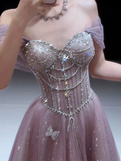 Funkelndes, trägerloses, pinkfarbenes Paillettenkleid in A-Linie – Inspiration für lange Partykleider und Abendkleider zum 20. Geburtstag AB2253