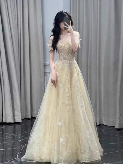 Robe de bal unique, coupe trapèze, épaules dénudées, manches courtes, dorée, inspiration robe de soirée, tenue pour un 20e anniversaire AB2255