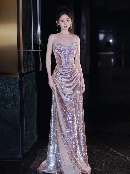 Robe de bal sirène sans bretelles à sequins et corsage perlé, inspiration robe de soirée longue, tenue pour un 20e anniversaire AB2249
